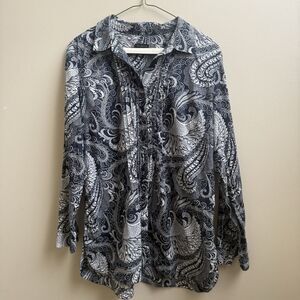 Talbots Womens Medium Navy Blue White Paisley Cotton Pleated Tunic Top Blouse M